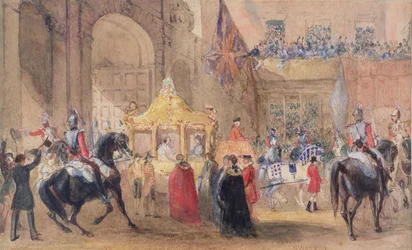 Lord Mayor stojący w gotowości do powitania królowej Wiktorii (1819-1901) w Temple Bar w 1837 r.